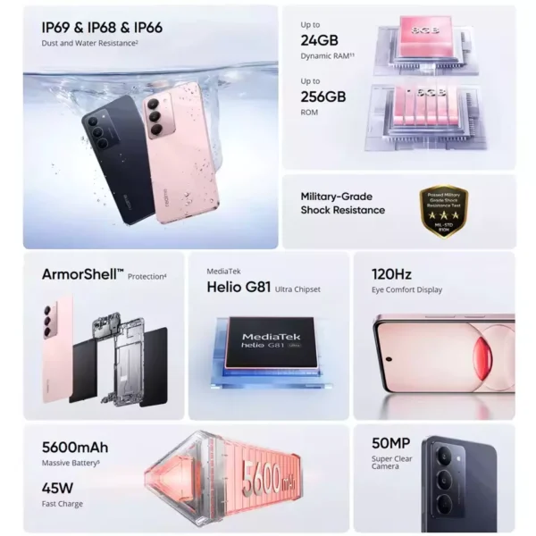 Smartphone Realme C75X 4G NFC Dual Chip 256GB 8GB + até 16GB de RAM dinâmica (totalizando 24GB)- Resistente a Agua - Imagem 5